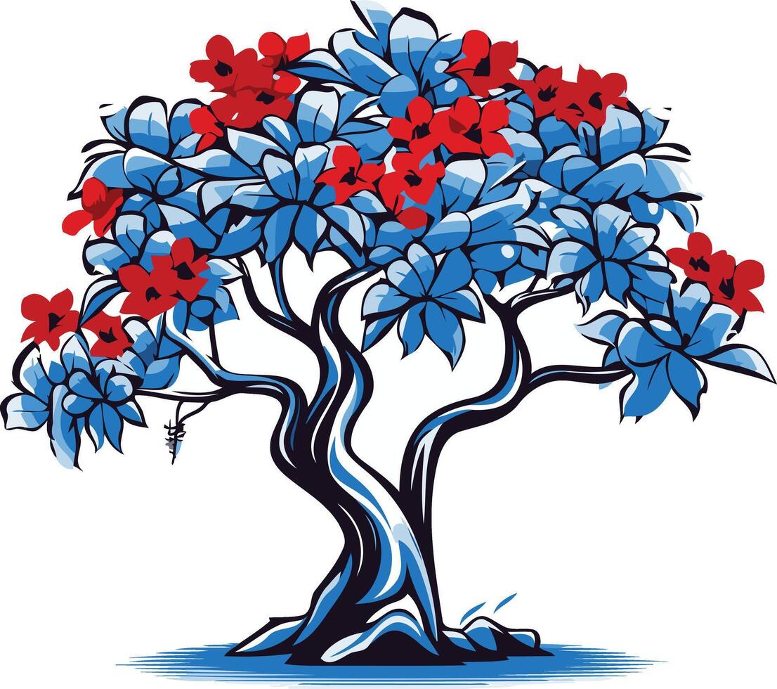 Blue Tree with Red Flowers vector