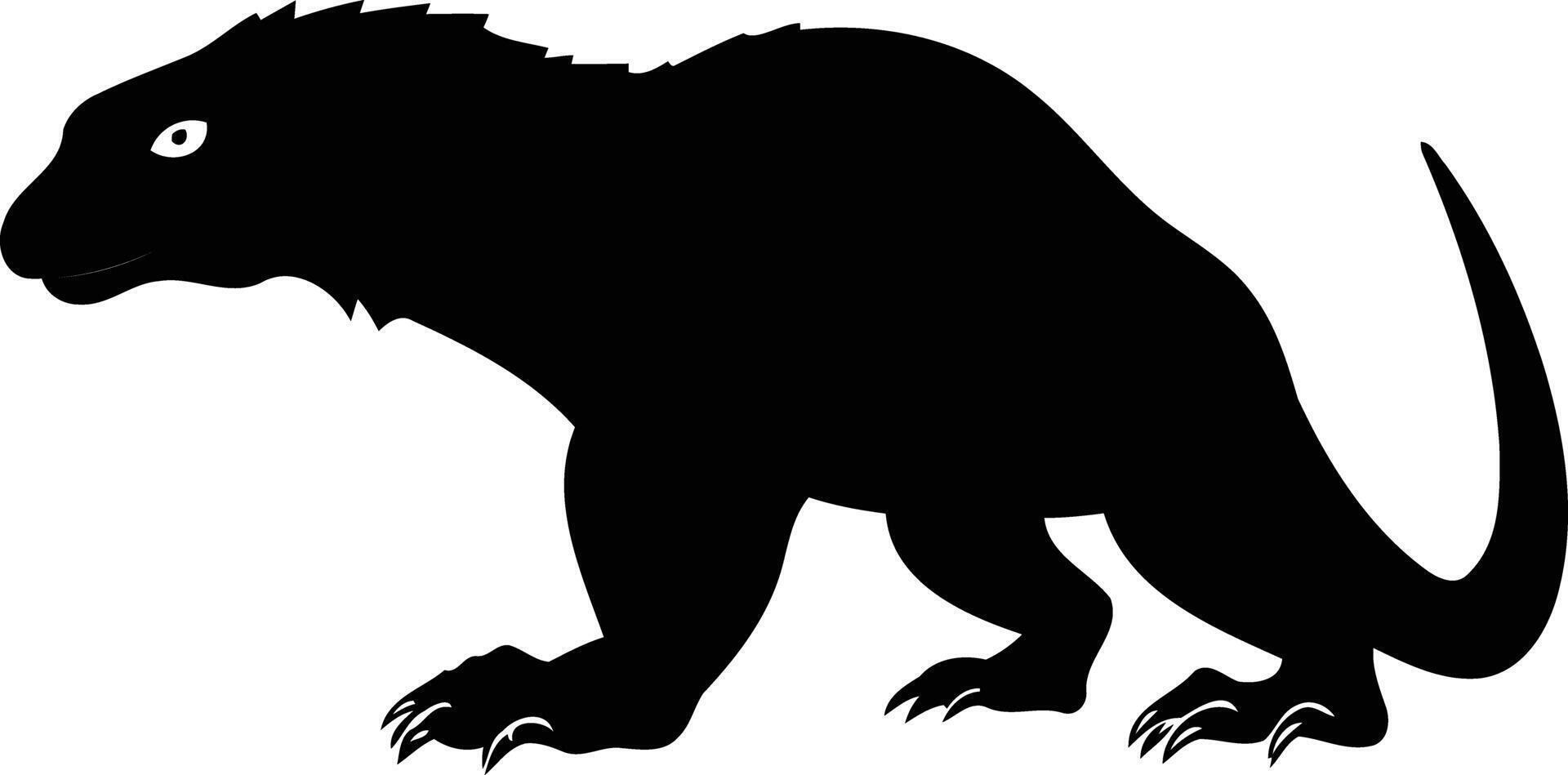 A simple yet striking black and white silhouette of a komodo dragon, perfect for illustrating articles, books, or websites related to the animal kingdom, wildlife, or indonesia vector