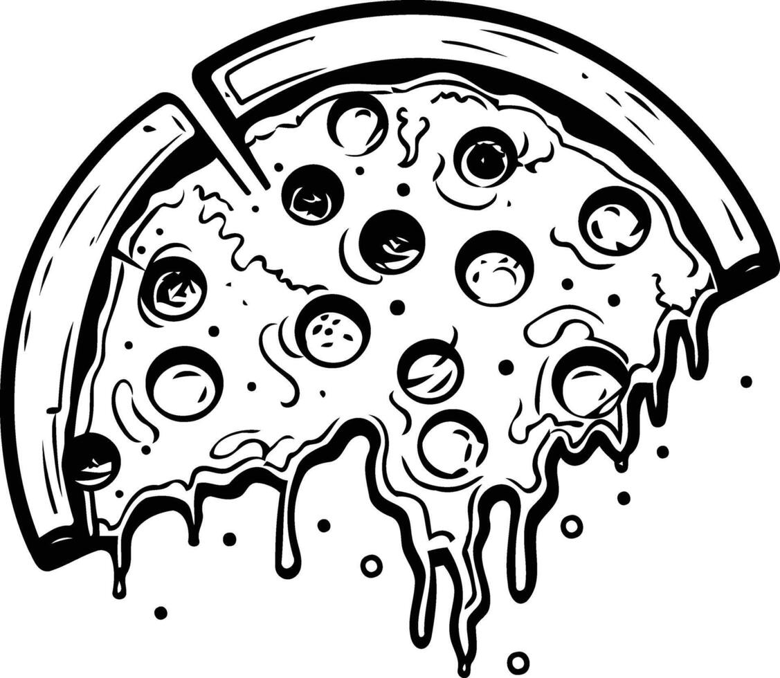 Black and white illustration of a dripping pizza slice with pepperoni vector