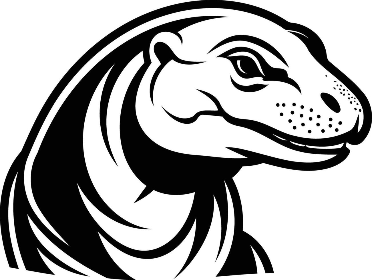 A fierce and powerful black and white illustration of a komodo dragon's head, perfect for branding, tattoos, or any design project needing a strong, prehistoric feel vector