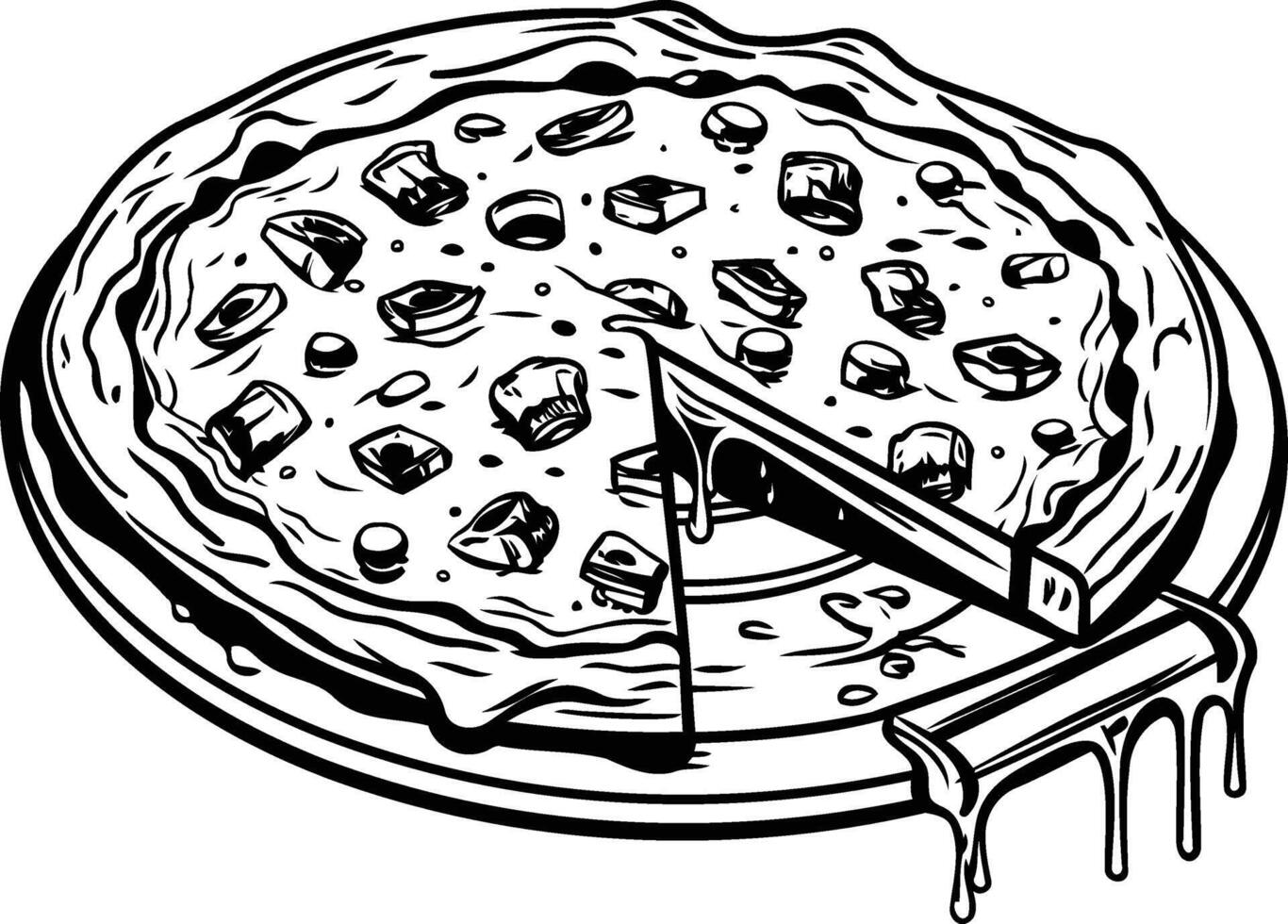 A delicious pizza with a slice removed, perfect for illustrating food, restaurants, or takeout menus vector