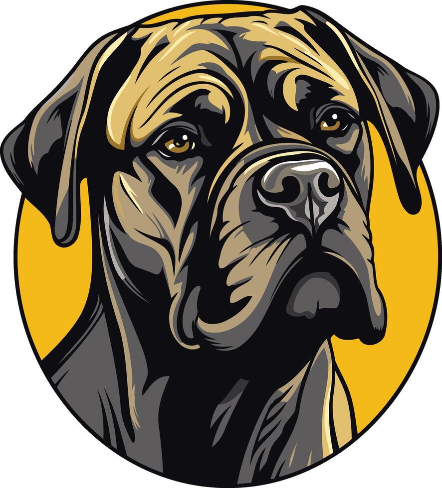 Bullmastiff Dog Head Portrait in Yellow Circle vector