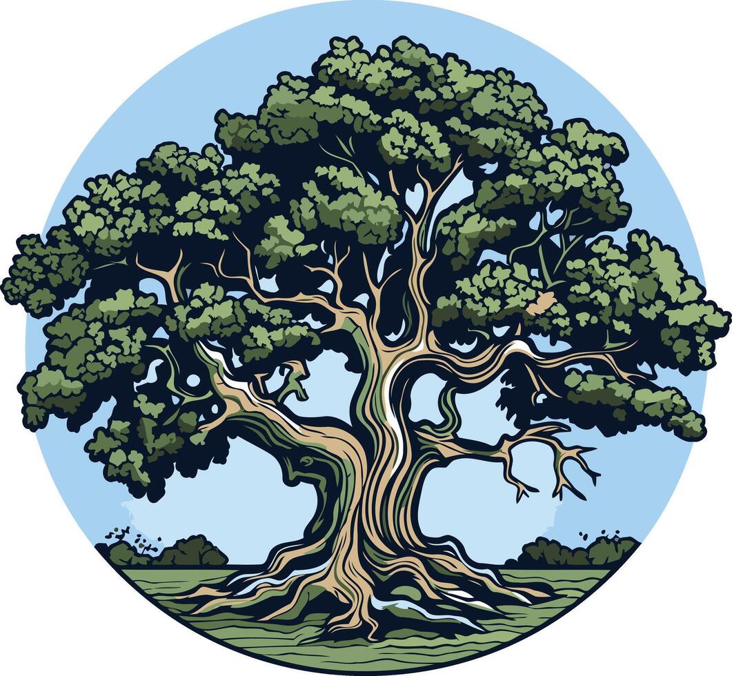 A Majestic Oak Tree in a Circular Frame vector