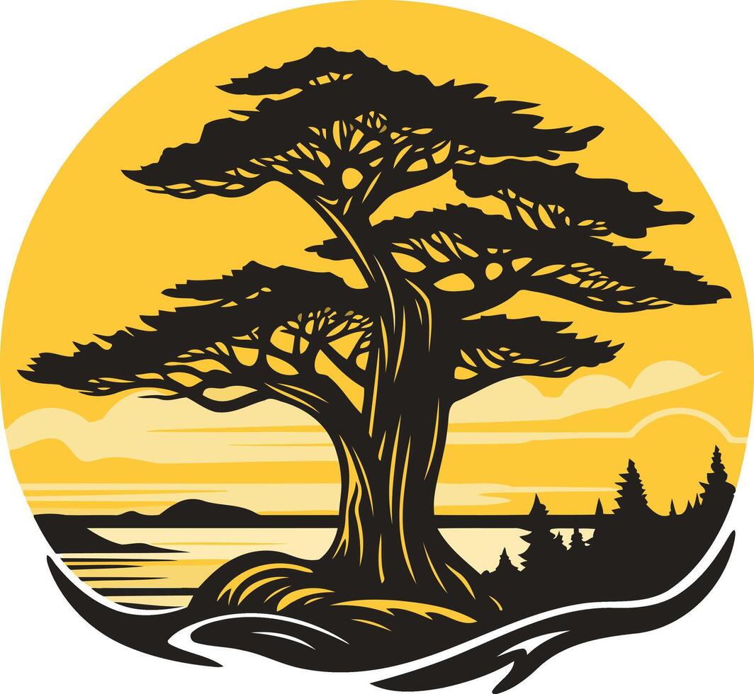 Silhouette of a Cypress Tree by the Sea vector