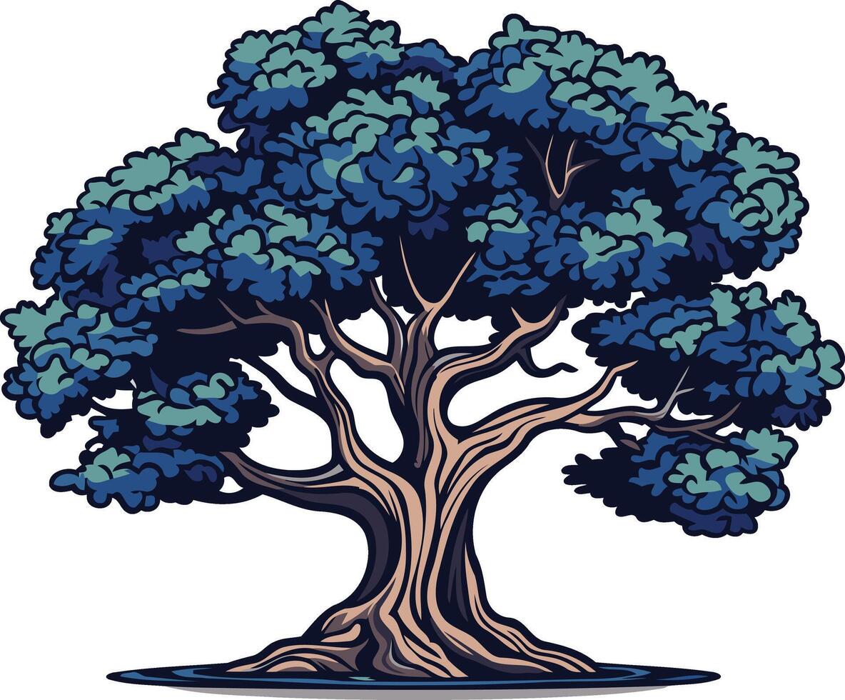 Ancient Tree with Blue Foliage and Brown Trunk vector