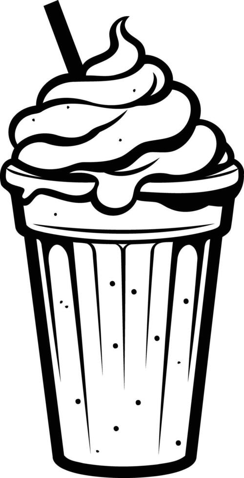 Black and white illustration of a milkshake with whipped cream and a straw vector