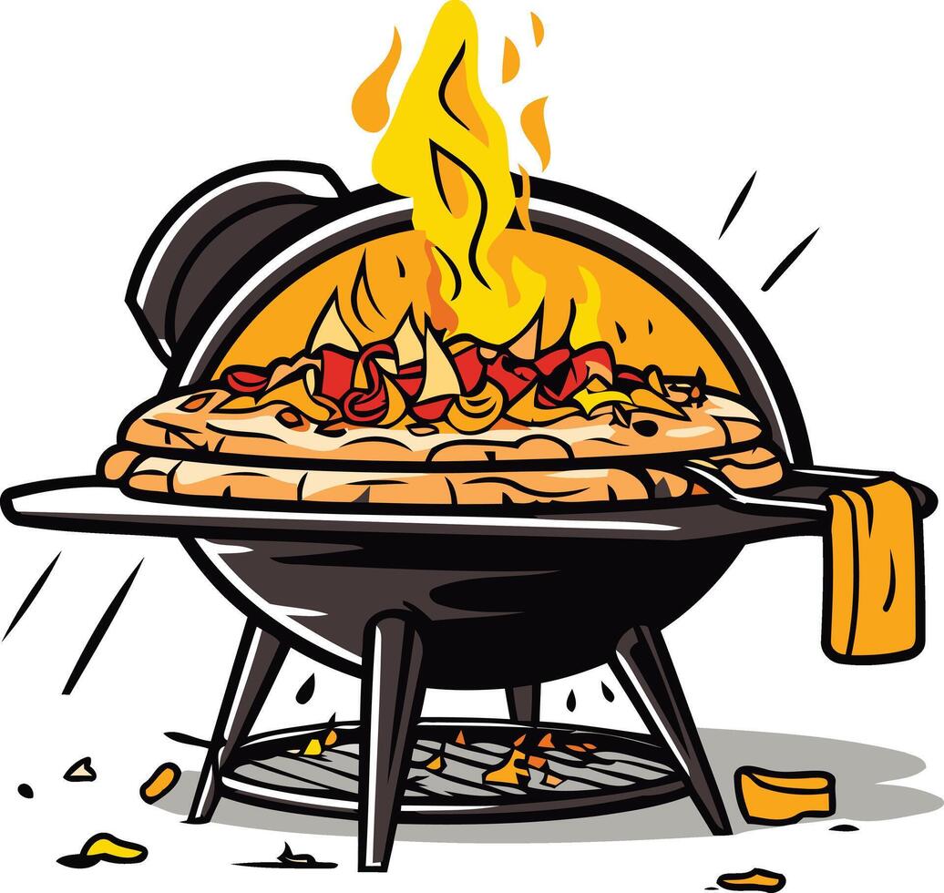 Pizza on a Charcoal Grill with Flames vector