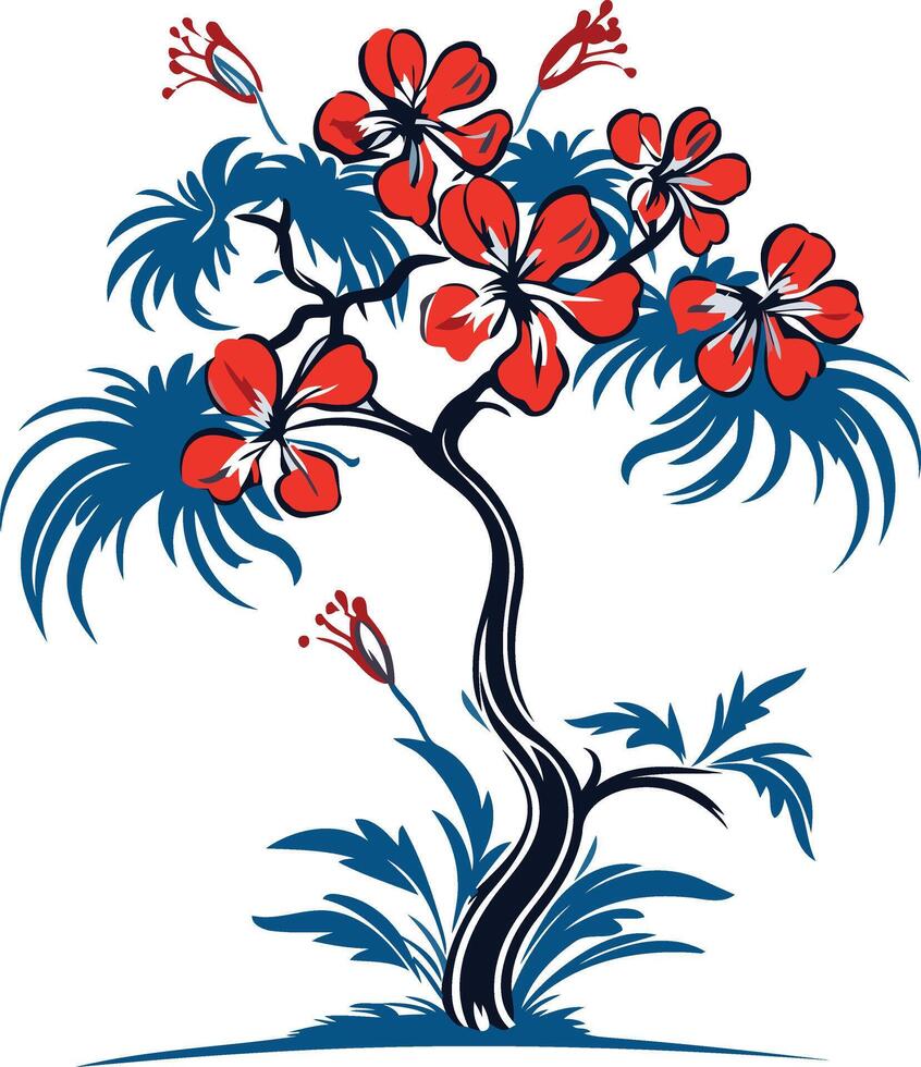 Red Flowers and Blue Foliage Illustration vector
