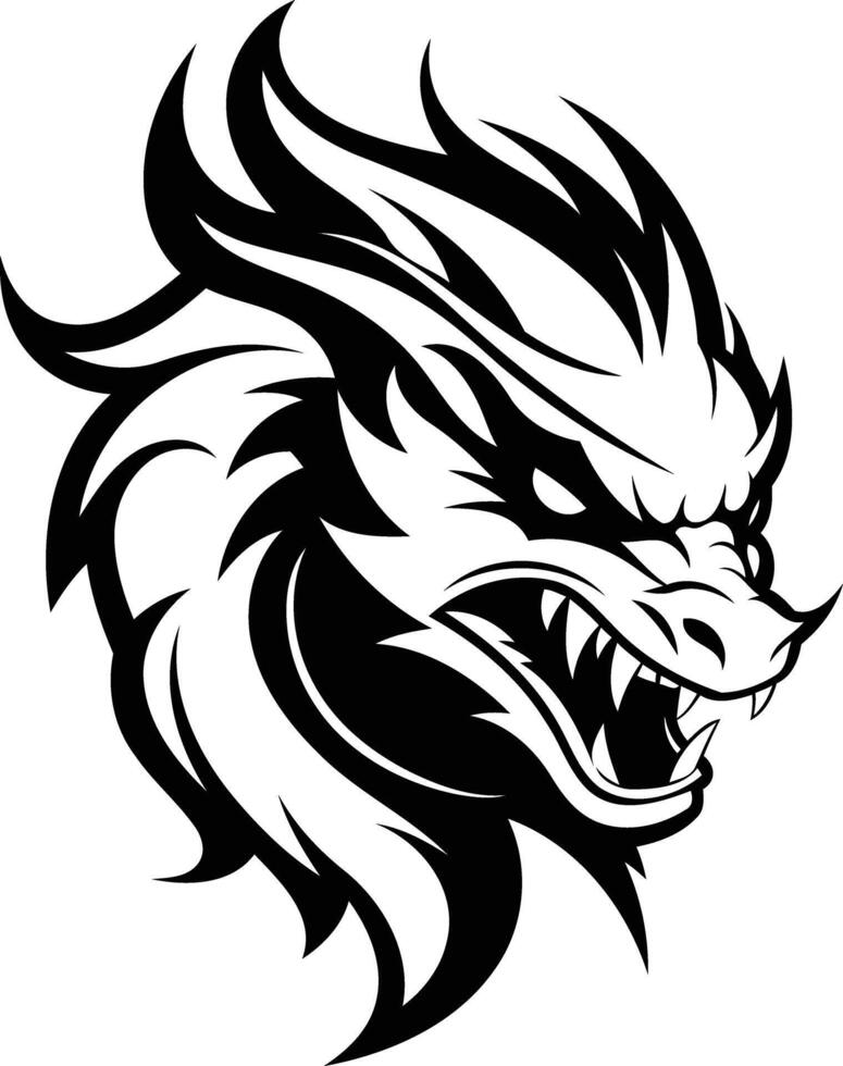A fierce and stylized dragon head in black and white vector