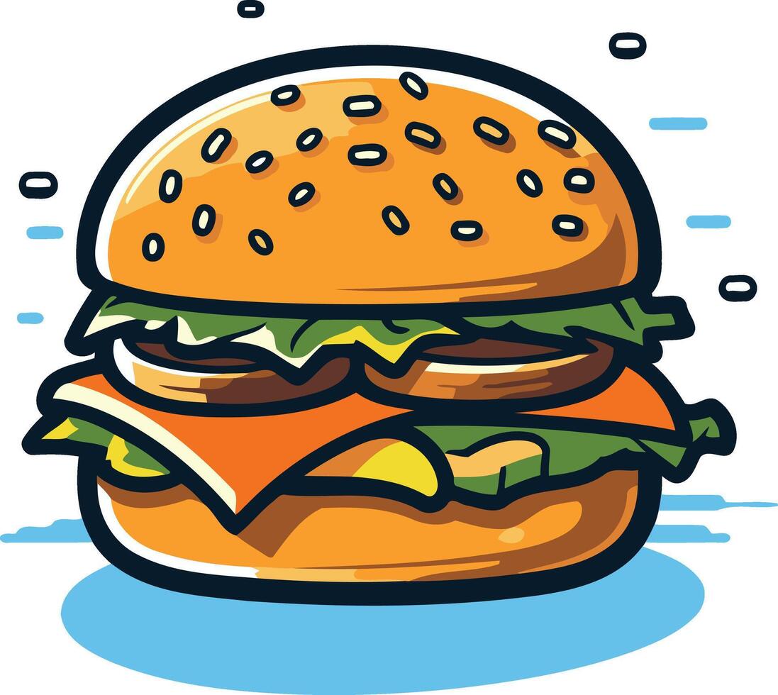 Delicious Cartoon Hamburger with Cheese, Lettuce, and Tomato vector