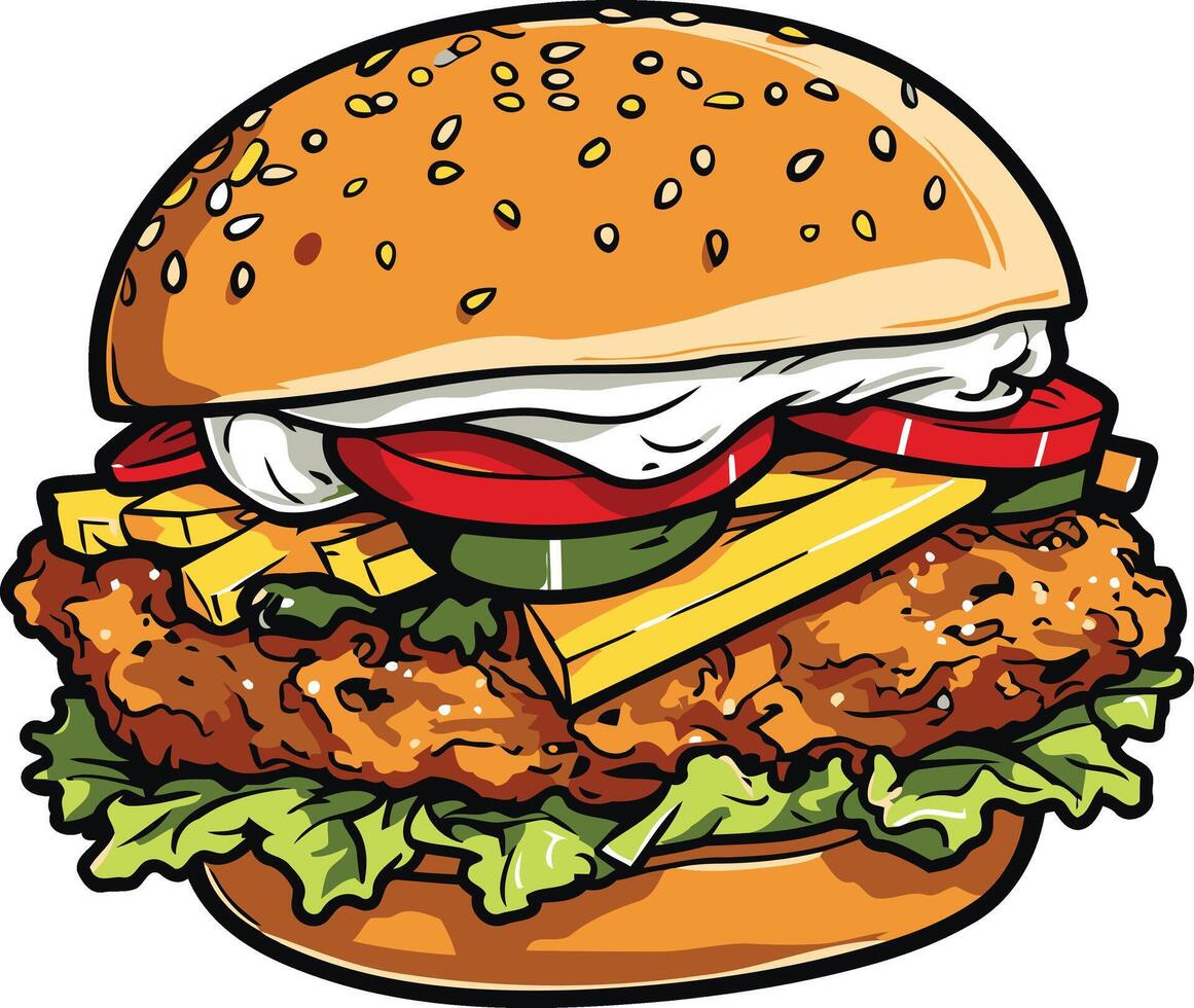 Cartoon Illustration of a Delicious Fried Chicken Burger vector