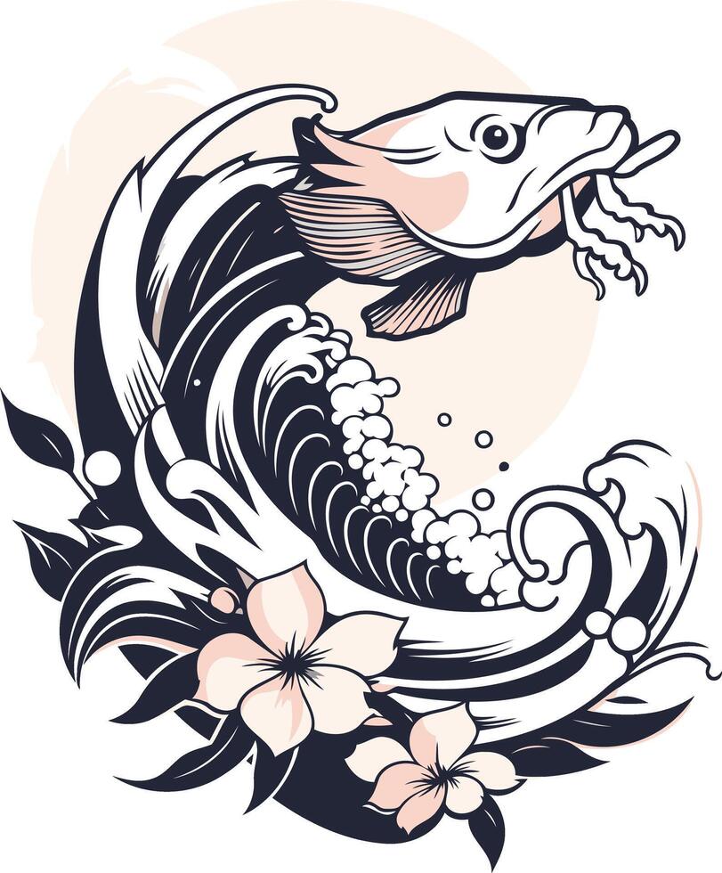 Japanese style Illustration of a Fish Leaping from the Waves vector