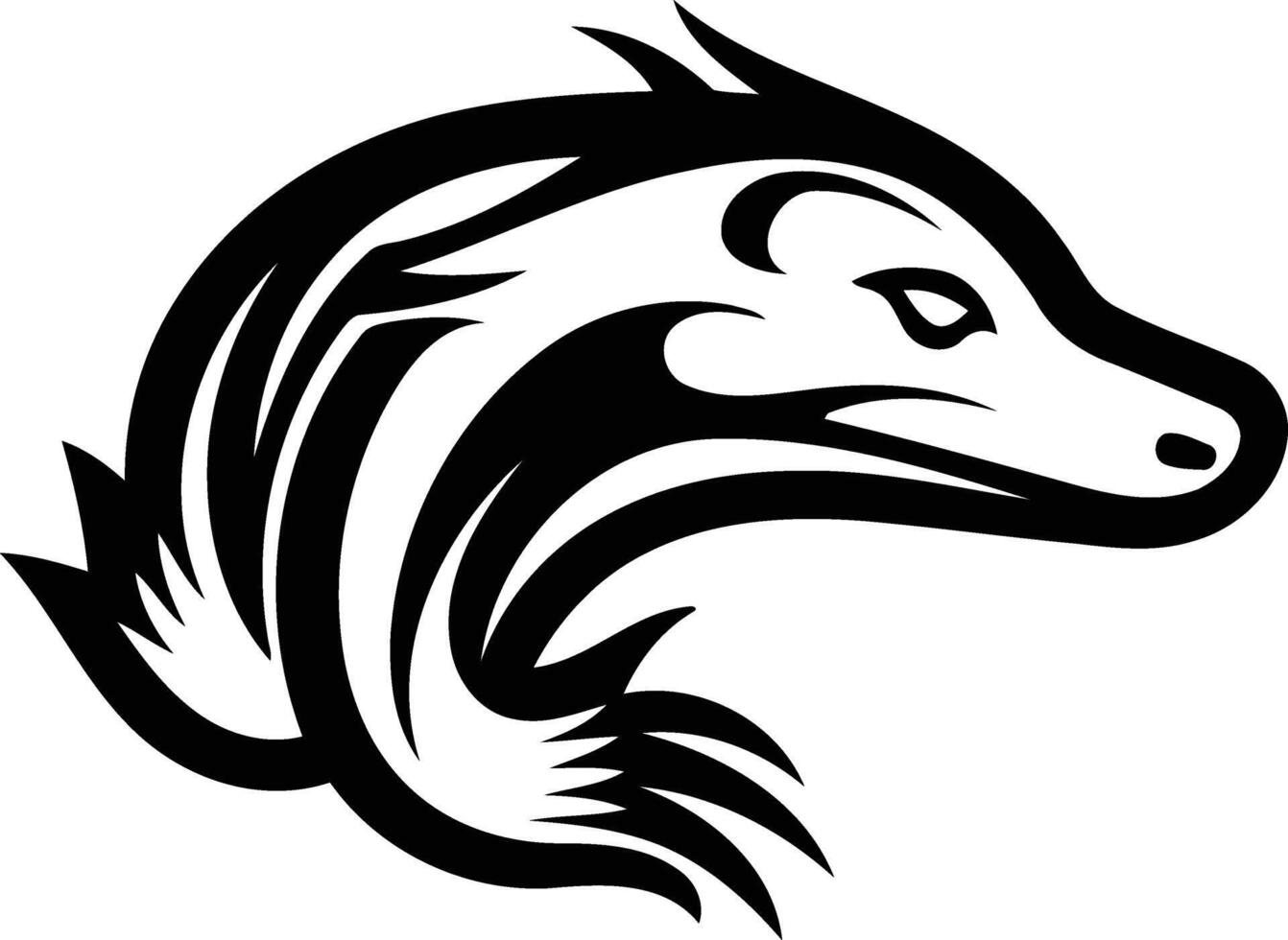 A fierce and stylized black and white illustration of a lizard's head, perfect for tattoo designs, branding, or tribal art vector
