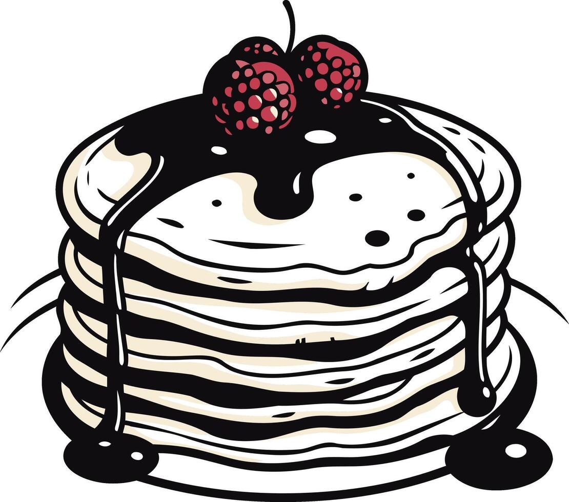 Stack of Pancakes with Chocolate Syrup and Raspberries vector