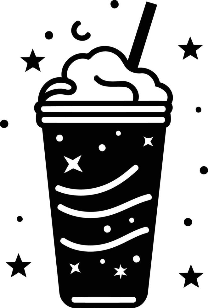 A simple, black and white illustration of a frosty beverage with a straw, decorated with stars vector
