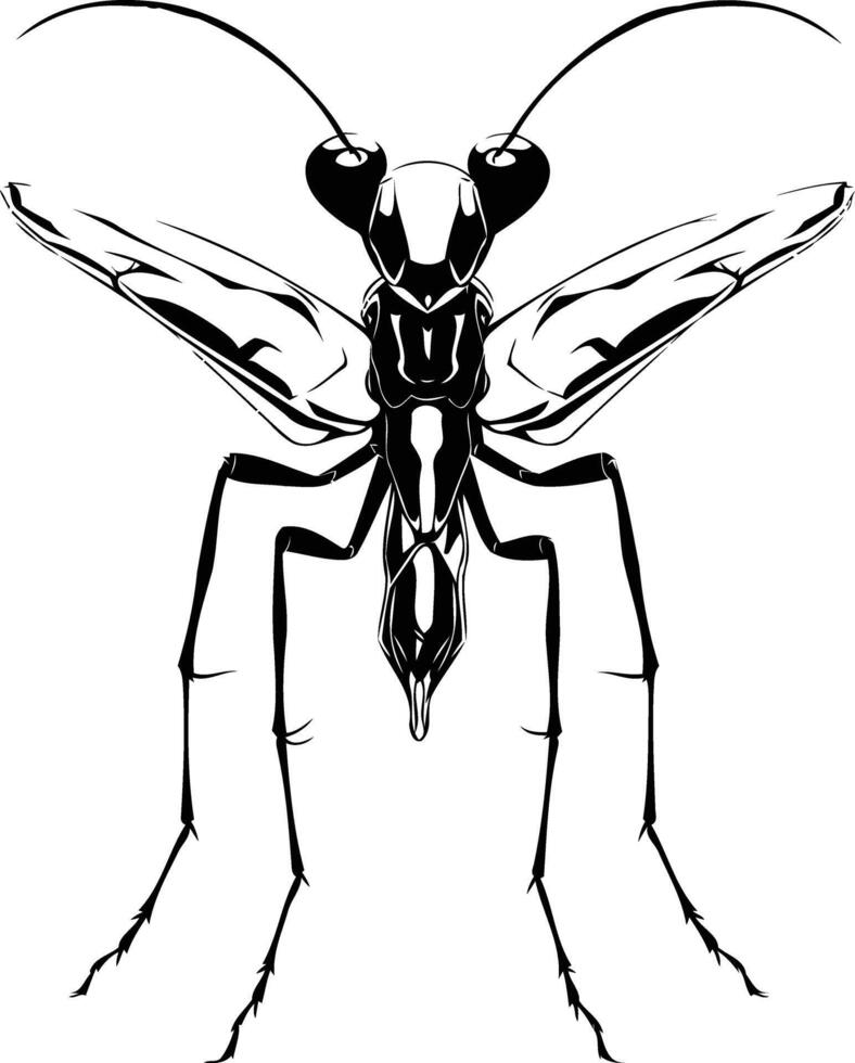 A striking black and white illustration of a praying mantis, rendered in a minimalist style vector