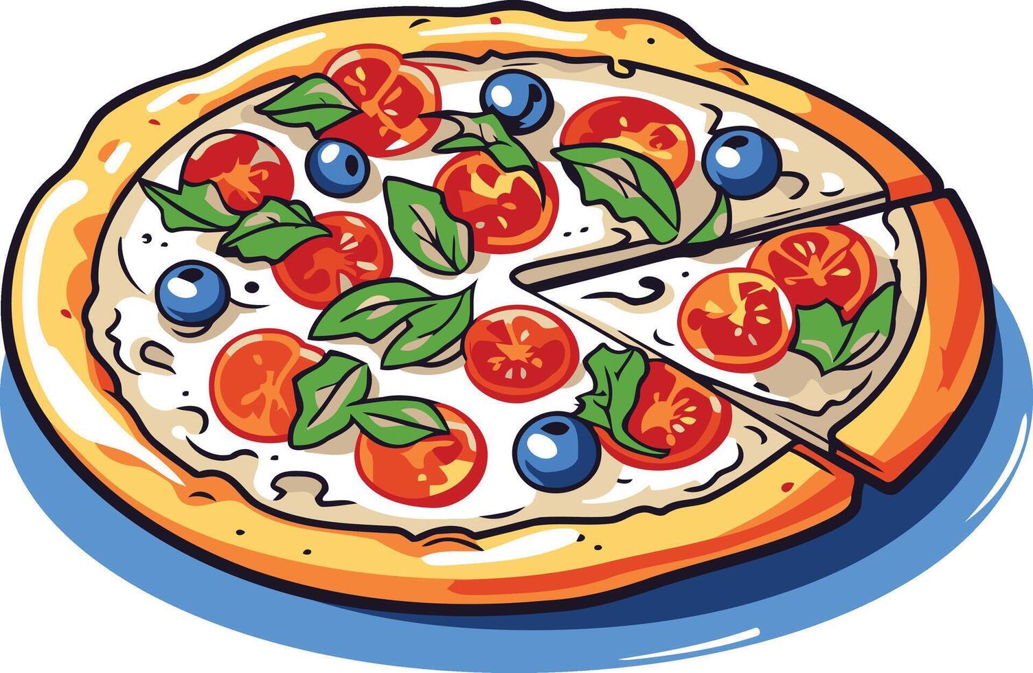 Pizza with Tomatoes, Basil and Blueberries vector