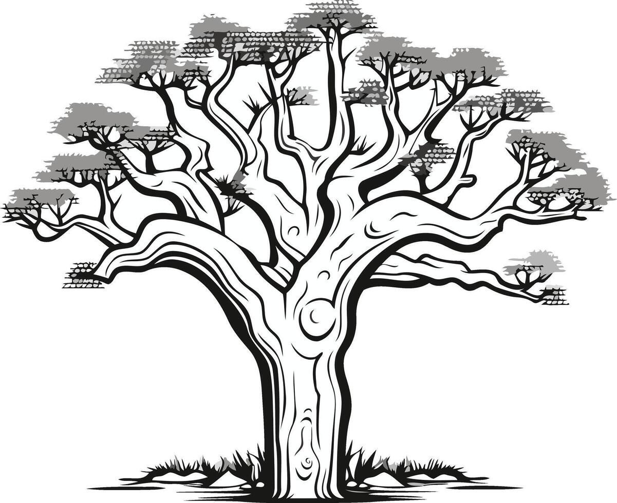 Black and White Illustration of a Tree with a Thick Trunk vector