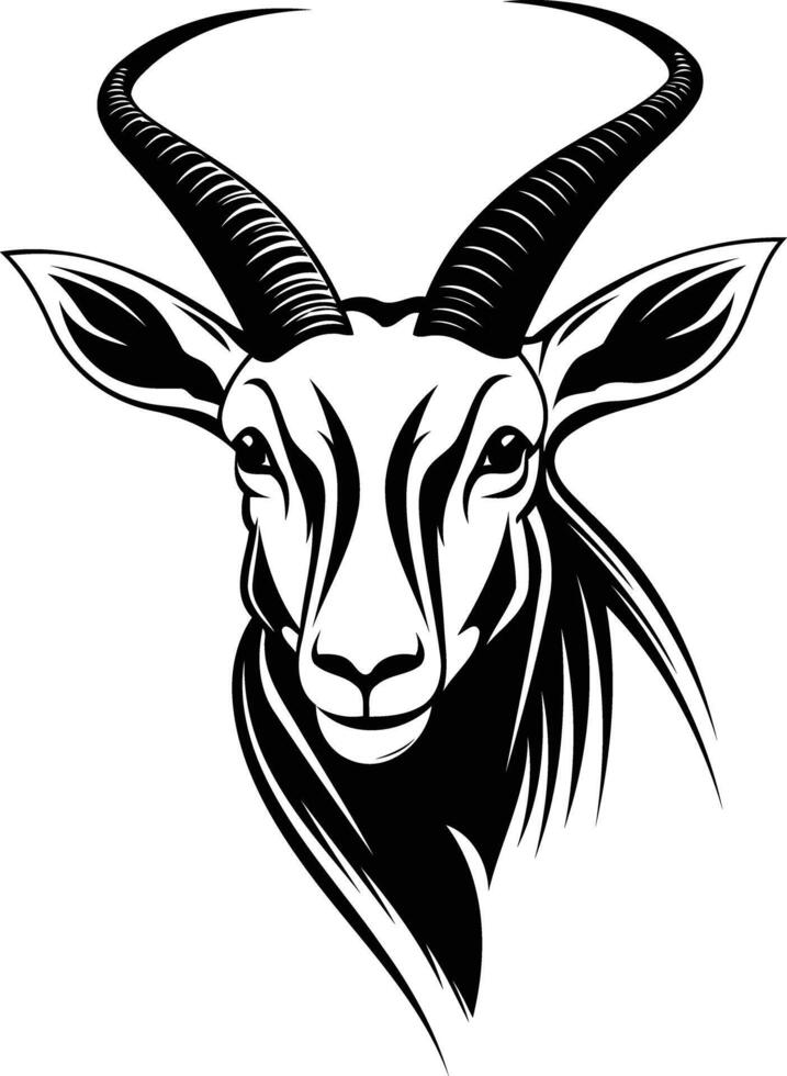 Black and white illustration of an antelope head with long horns vector