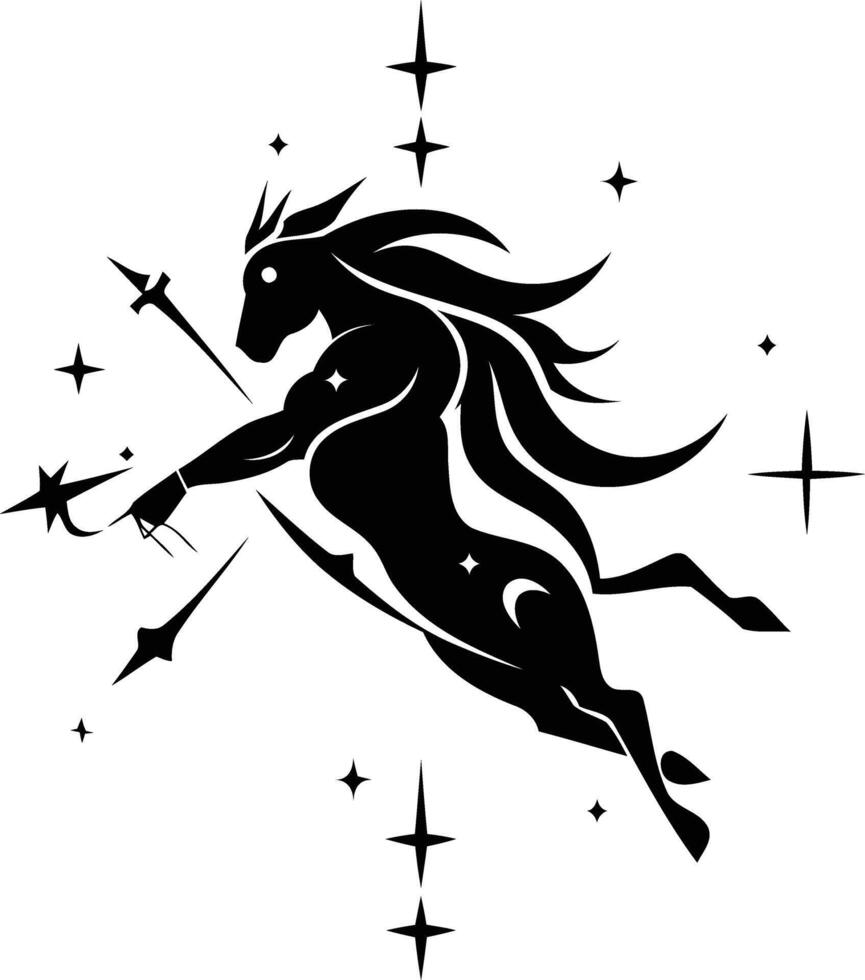 Stylized black and white illustration of a mythical horse with stars, perfect for fantasy, astrology, or tattoo design vector