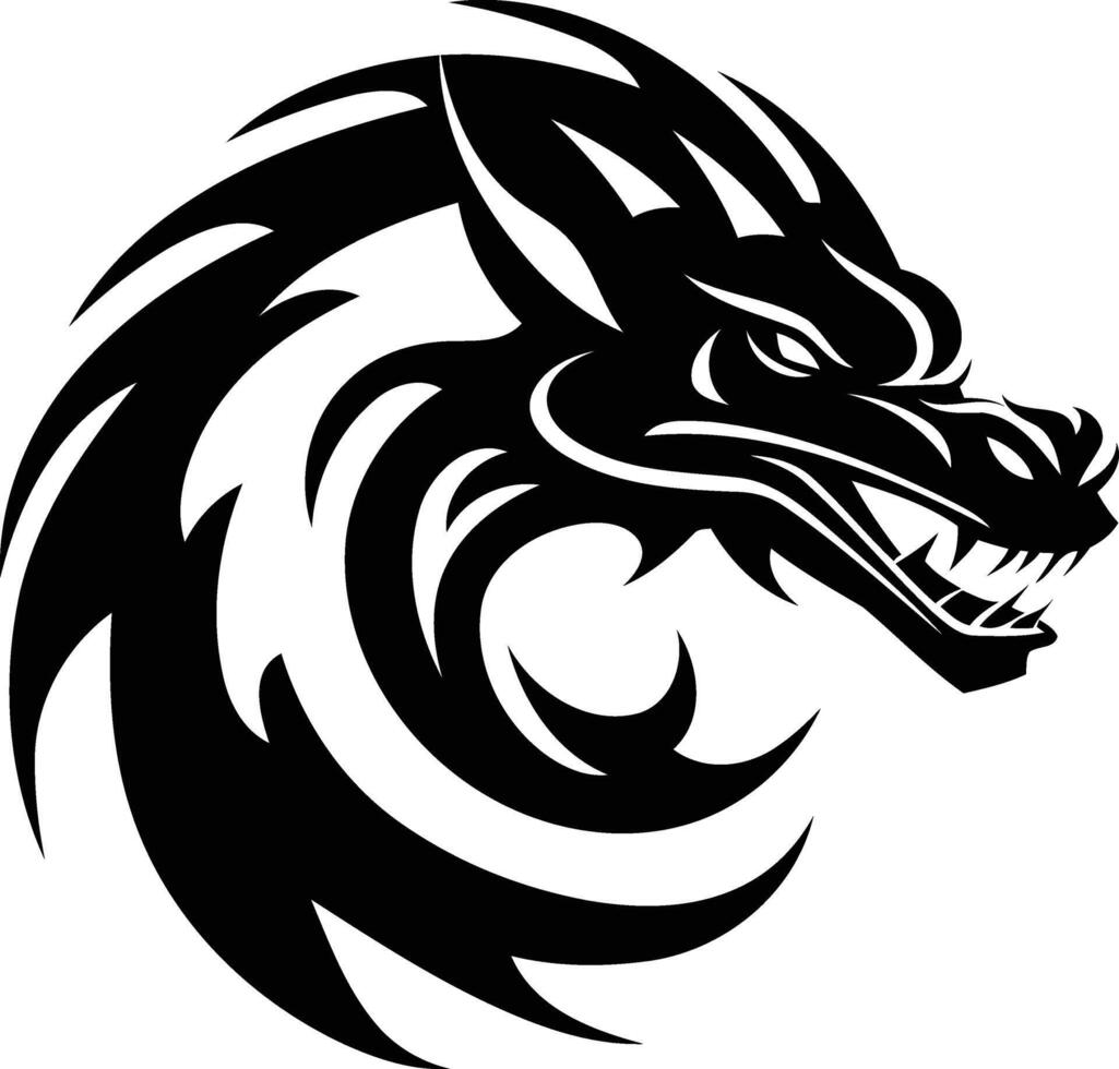Fierce and stylized black and white dragon head tattoo design vector