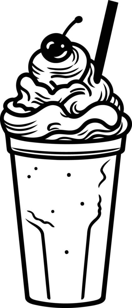 Black and white line art illustration of a milkshake with a cherry on top vector