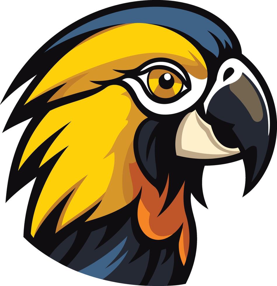 Macaw Head with Blue, Yellow, and Orange Feathers vector