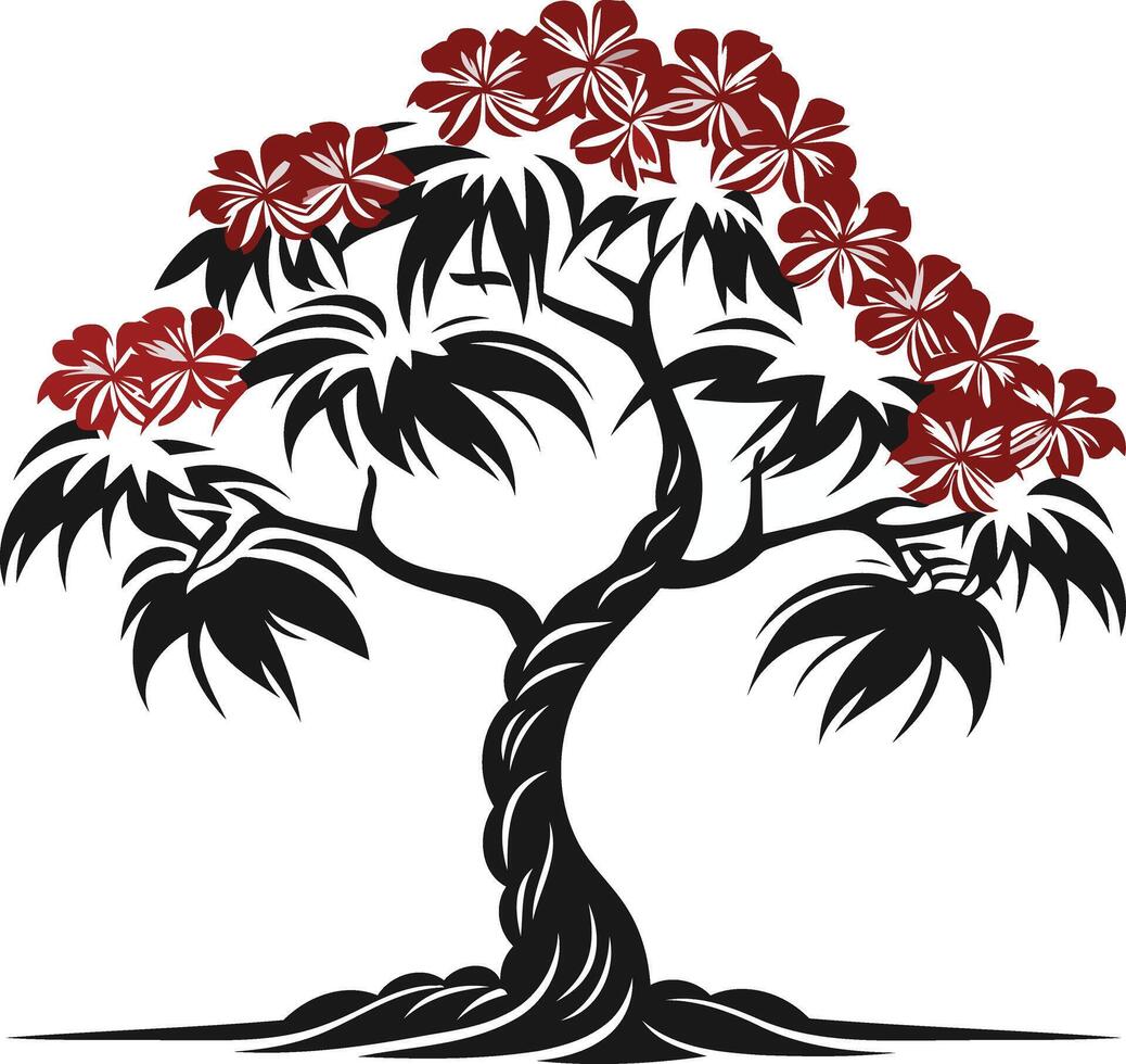 Black and Red Stylized Tree with Blossoms vector