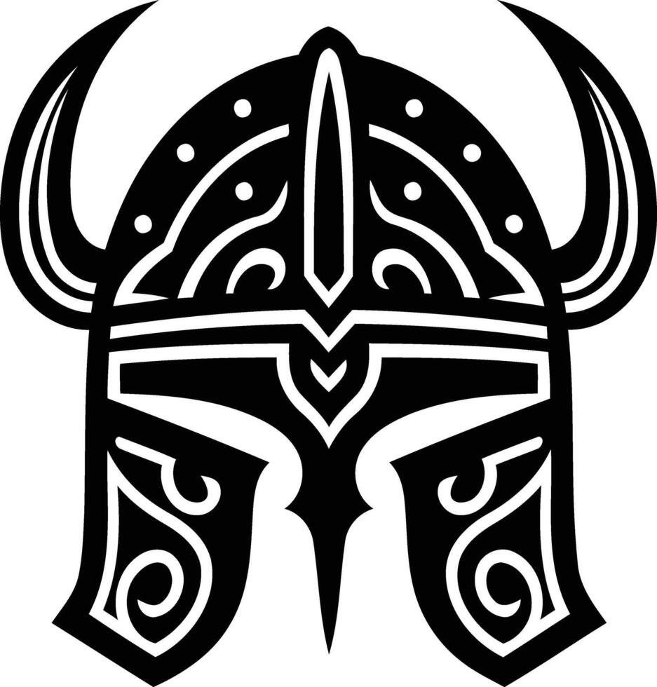 A bold, intricate illustration of a viking helmet in a black and white style vector