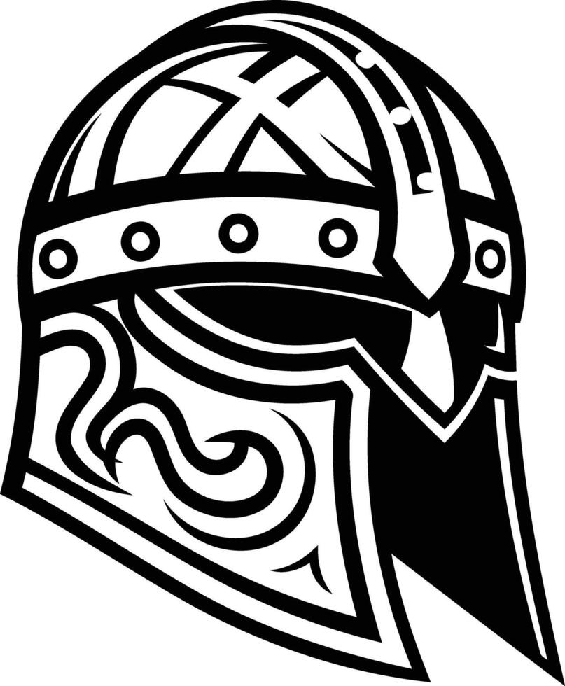Black and white illustration of a viking helmet with intricate design vector