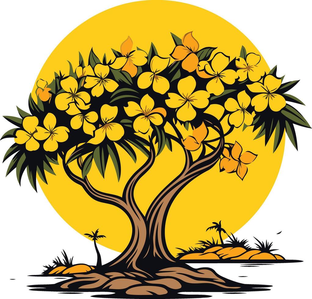 Tropical Tree with Yellow Flowers Against a Sun vector