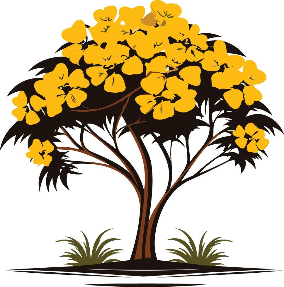 Yellow Flowered Tree with Lush Green Grass vector