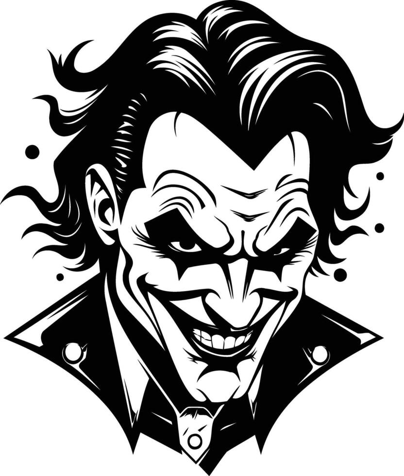 Intriguing black and white illustration of a grinning jester with a mischievous smile vector