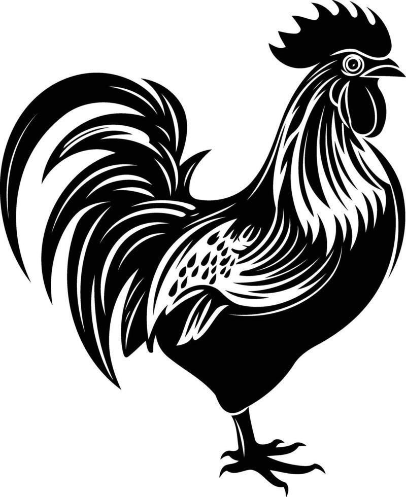 Bold black and white illustration of a rooster in a classic, stylized pose vector