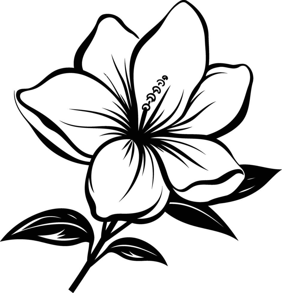 Black and white line art illustration of a single hibiscus flower with leaves, perfect for tattoo designs, floral patterns, and crafting projects vector