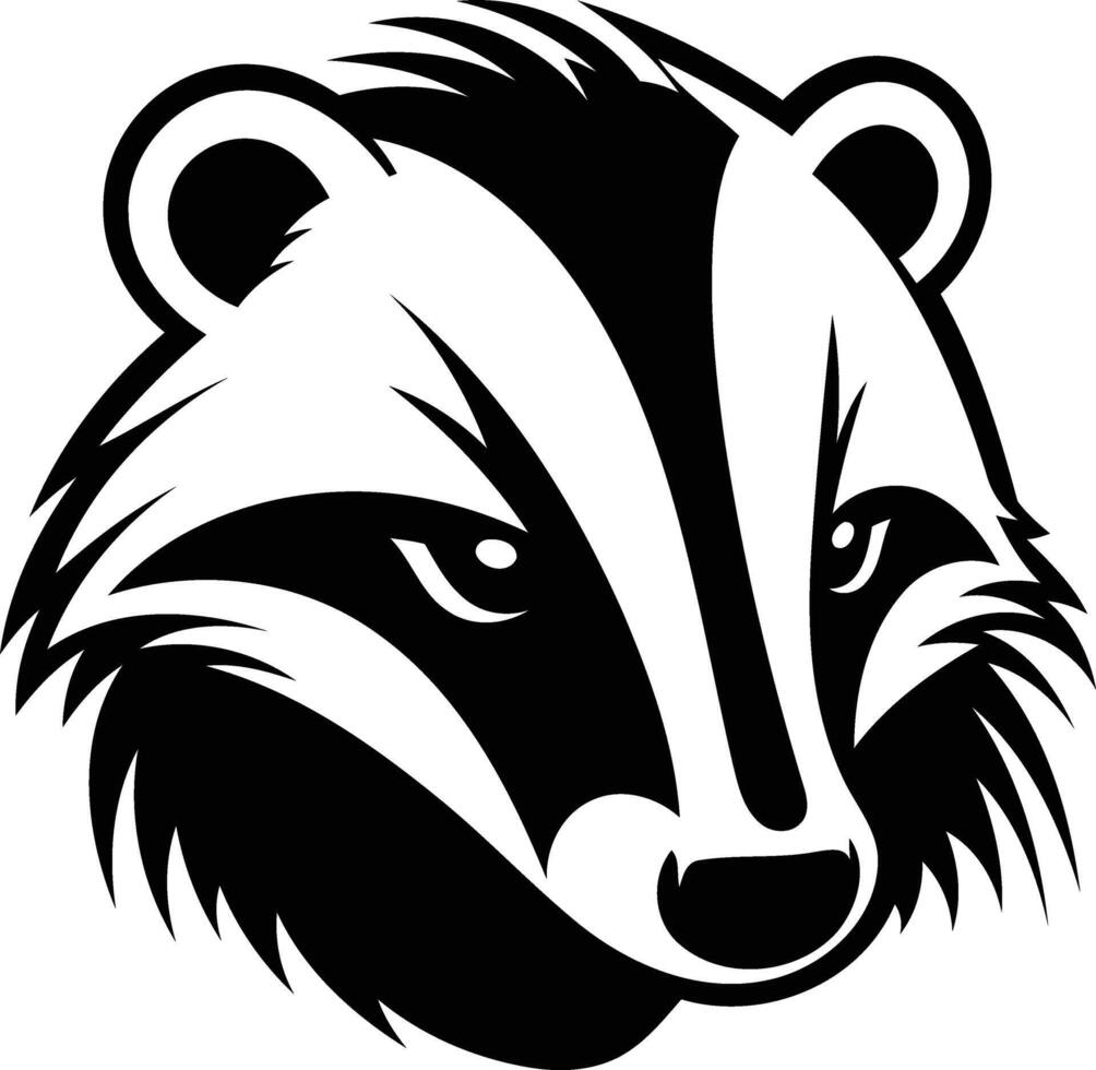 A fierce and bold black and white illustration of a badger's face, perfect for logos, tattoos, or branding vector