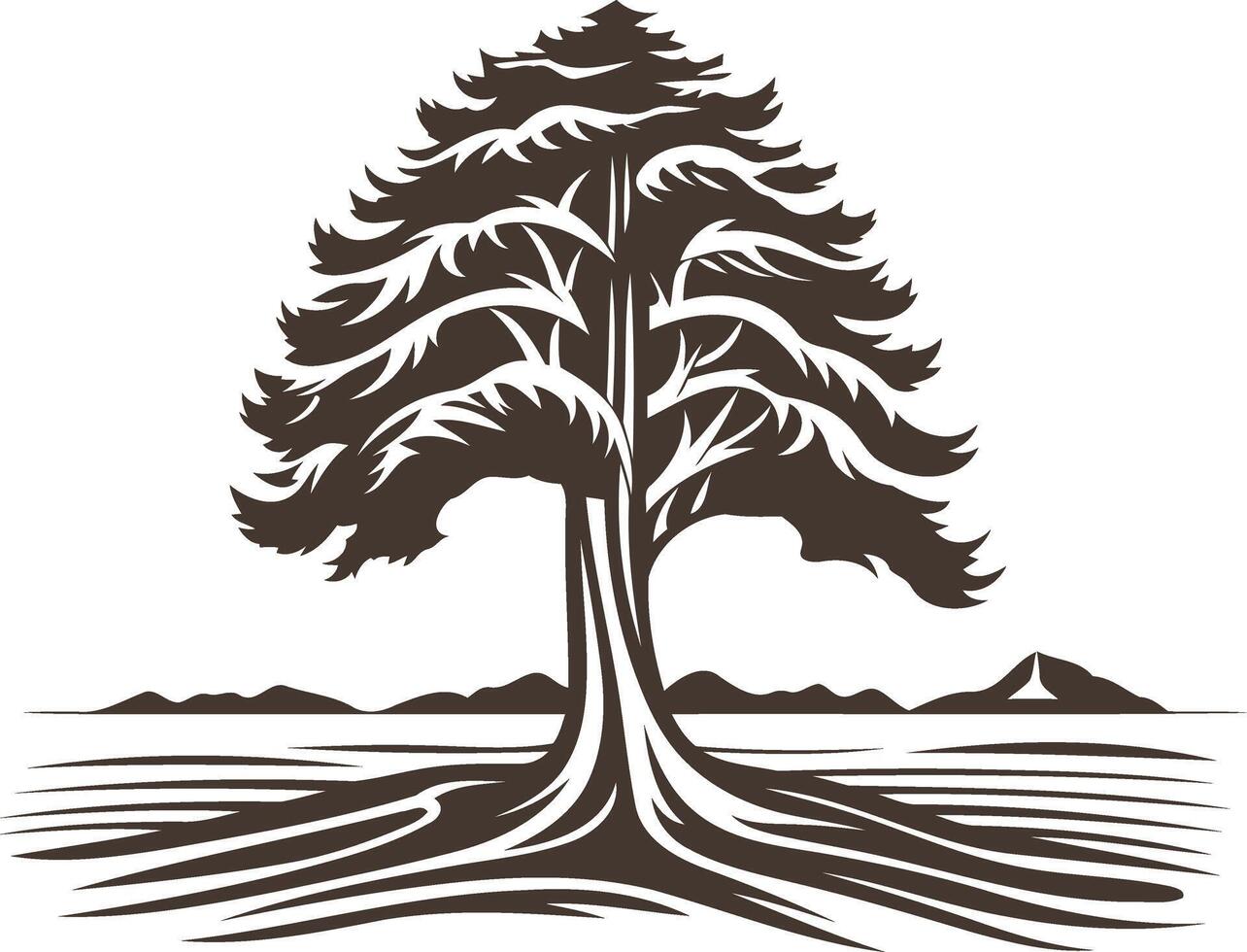 Silhouette of a Majestic Tree with Mountains in the Distance vector