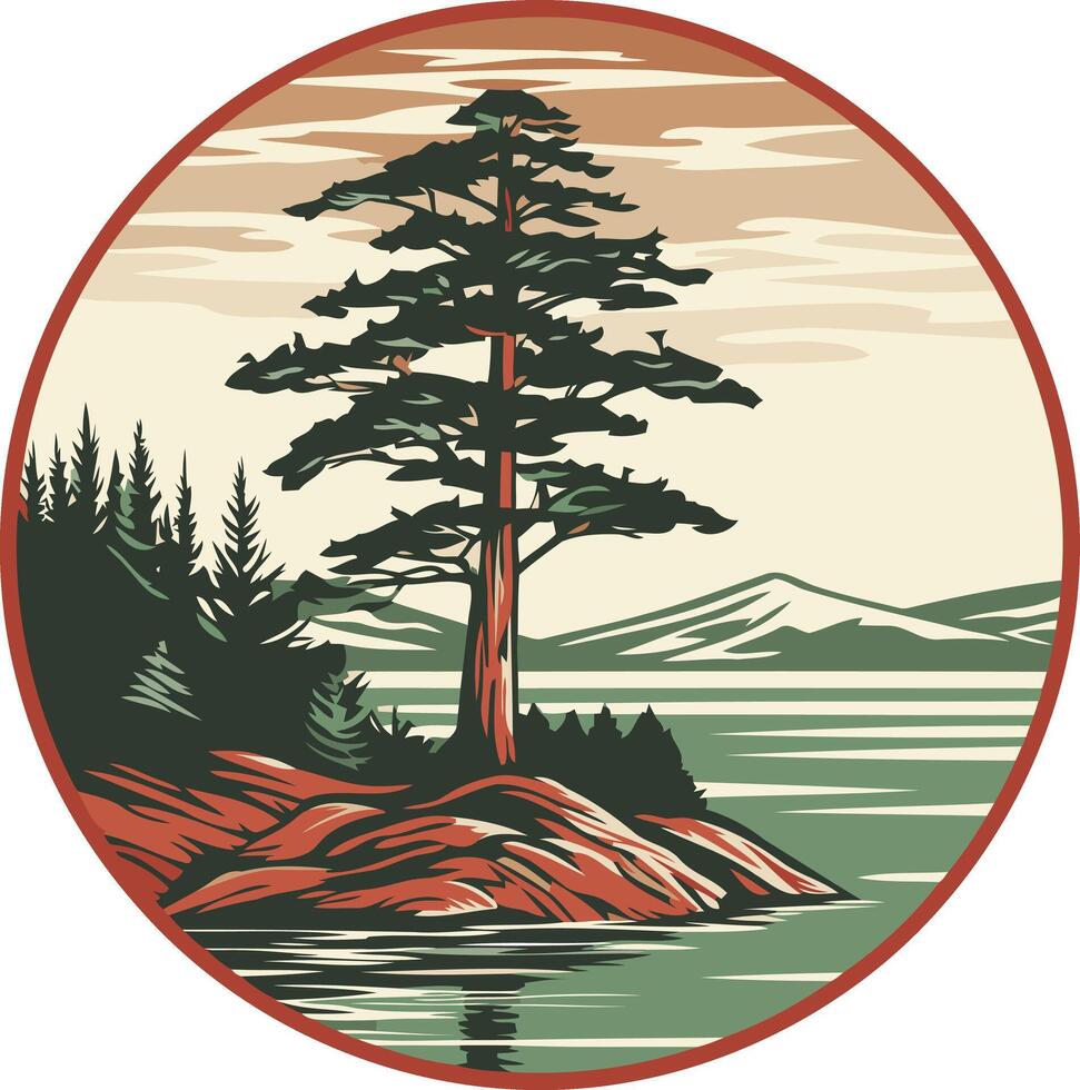 Pine Tree on a Rocky Island by the Lake vector