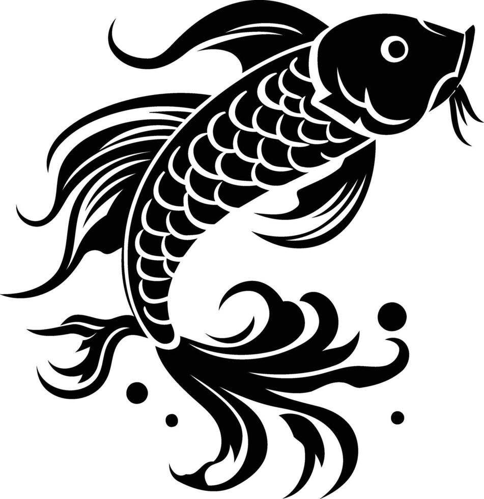 A black and white illustration of a stylized koi fish, perfect for tattoo designs, graphic design elements, or oriental themed projects vector