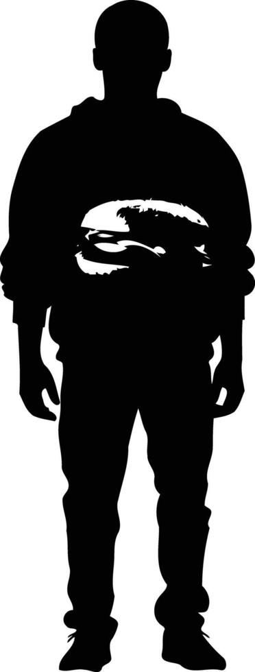 Silhouette of a man standing with a large burger in his stomach vector