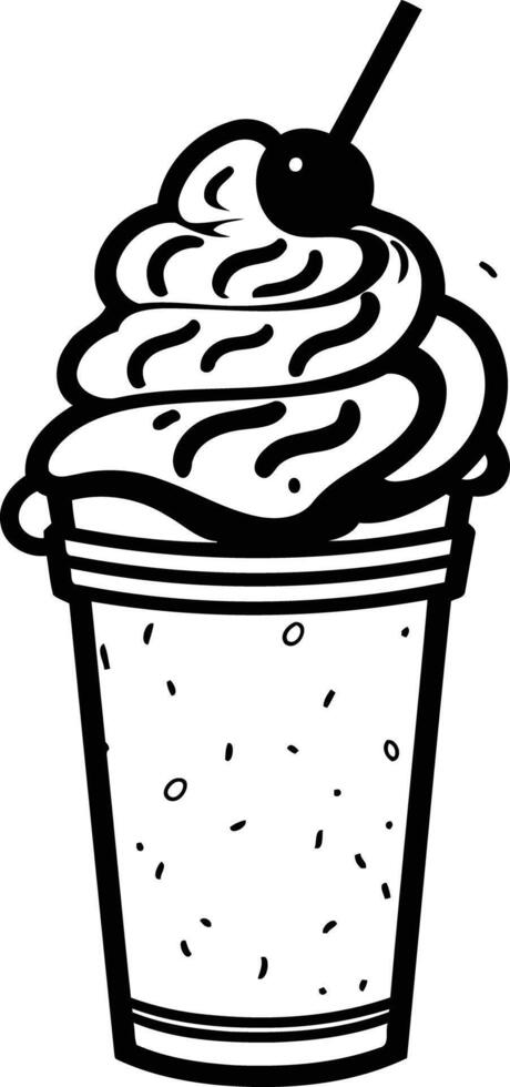 Black and white line art illustration of a milkshake with whipped cream and a cherry vector
