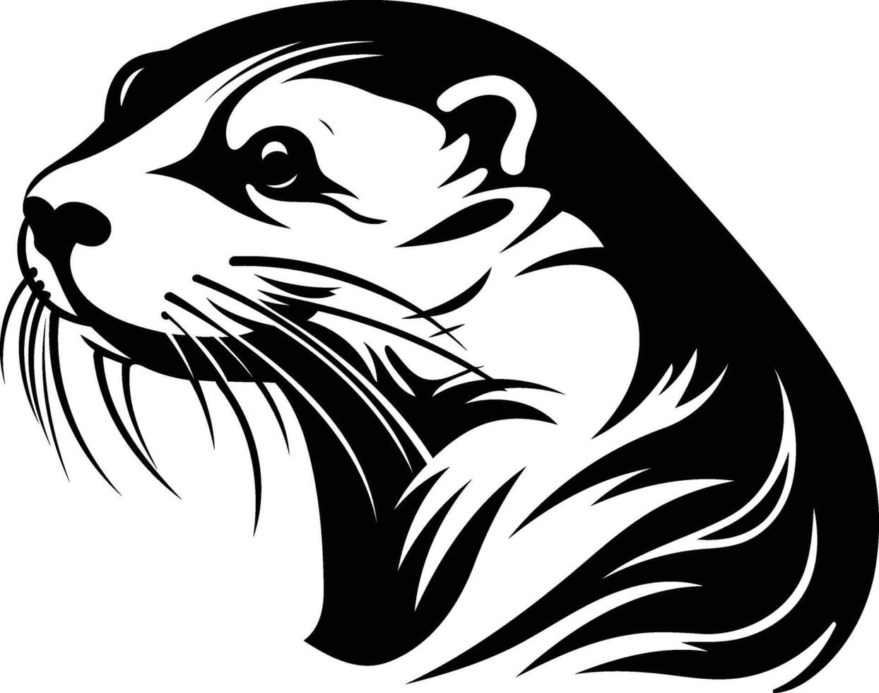 Bold and stylized black and white illustration of an otter's head, perfect for tattoo design, logo, or branding vector