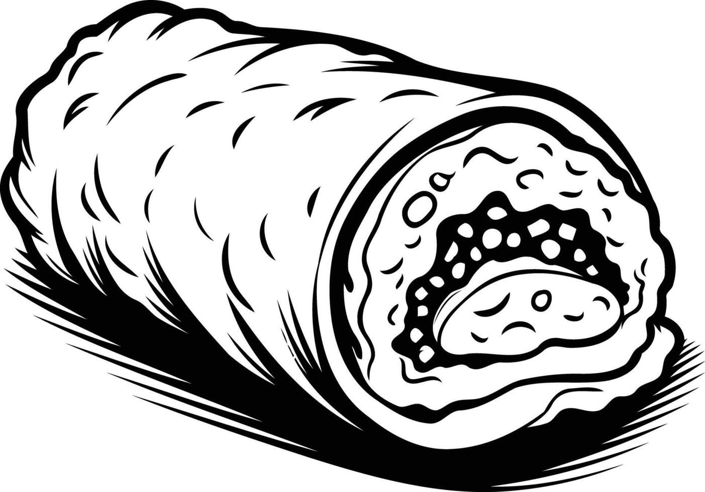 A black and white illustration of a rolled burrito, perfect for menus, packaging, and branding for mexican food businesses vector