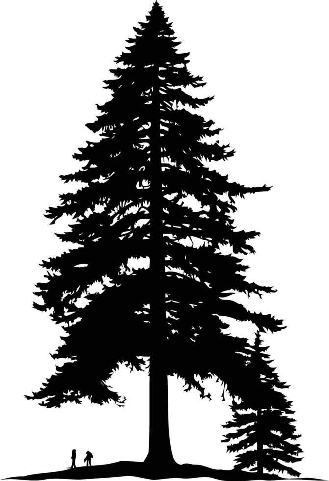 A striking silhouette of a tall, majestic pine tree with a smaller tree in the foreground vector