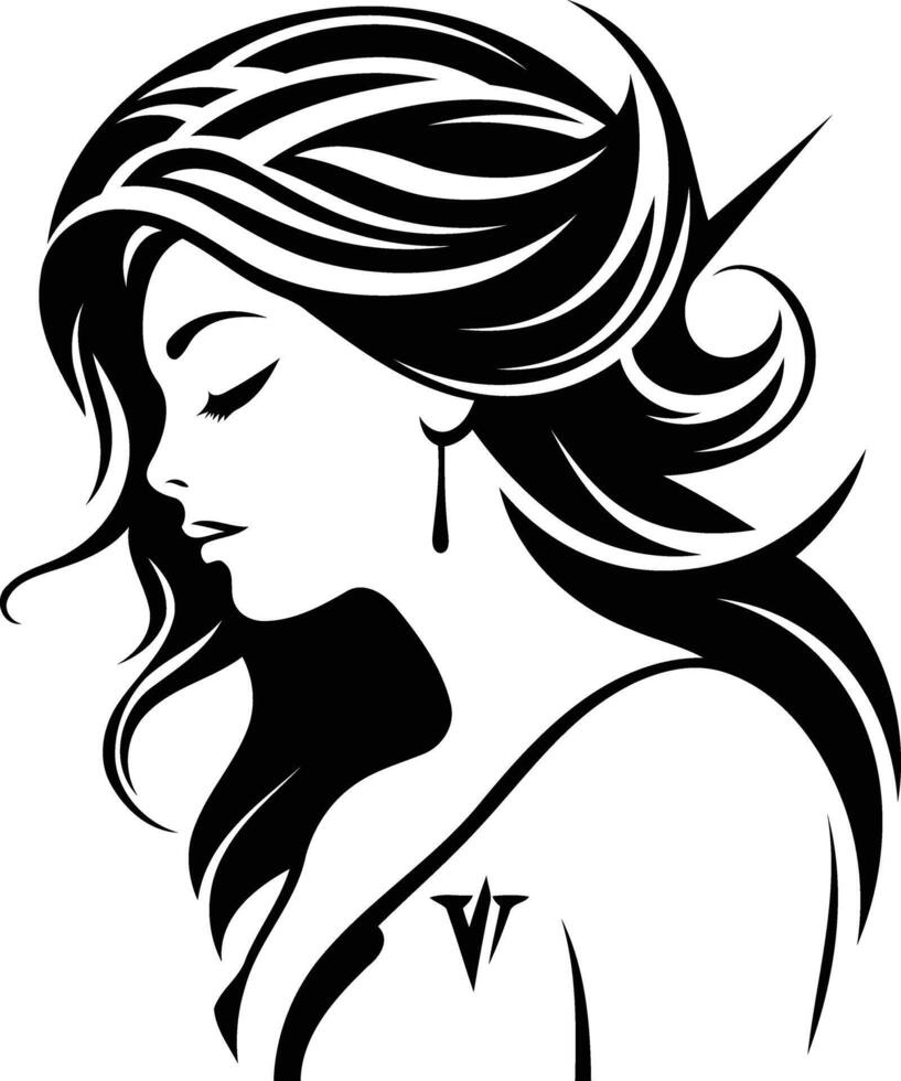 Elegant black and white illustration of a woman's profile, with flowing hair and a delicate earring vector
