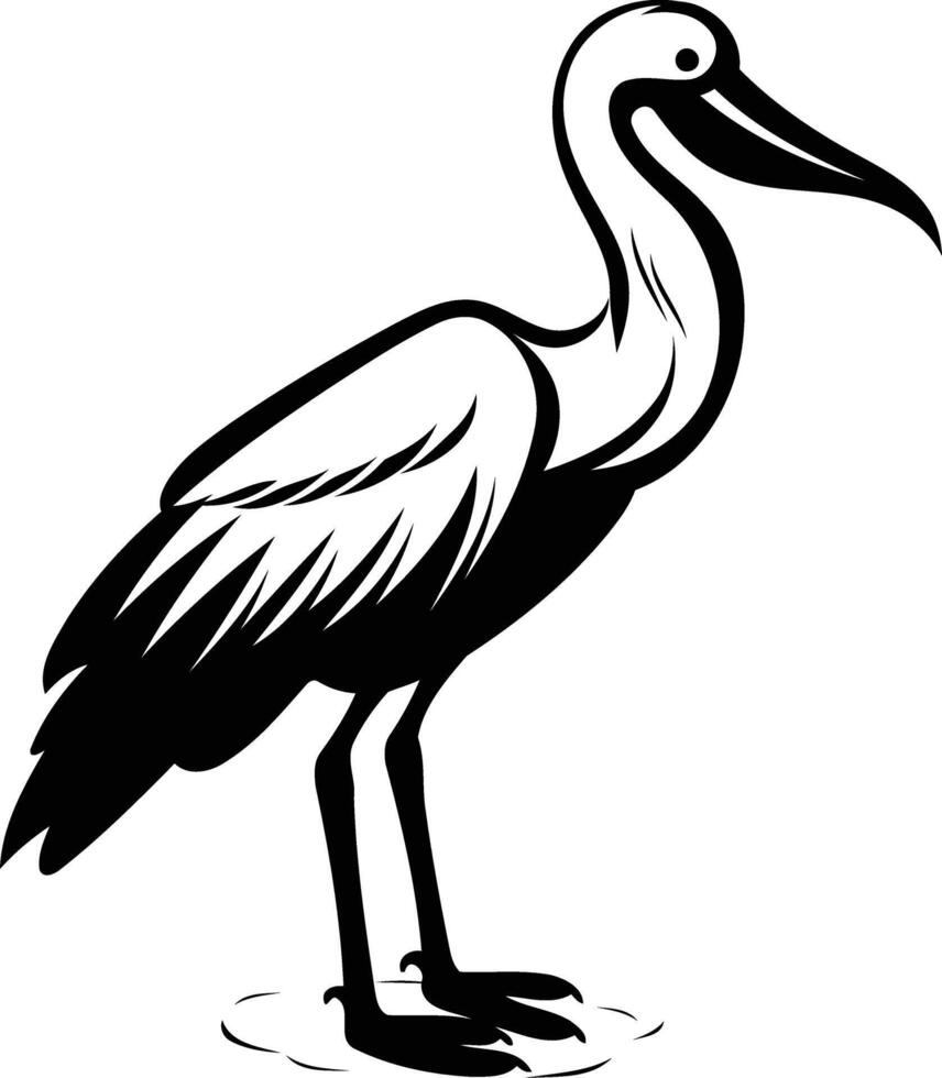 Black and white element illustration of a heron standing in water vector
