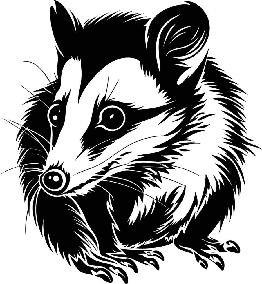 A striking black and white illustration of a raccoon, captured in a dynamic pose vector