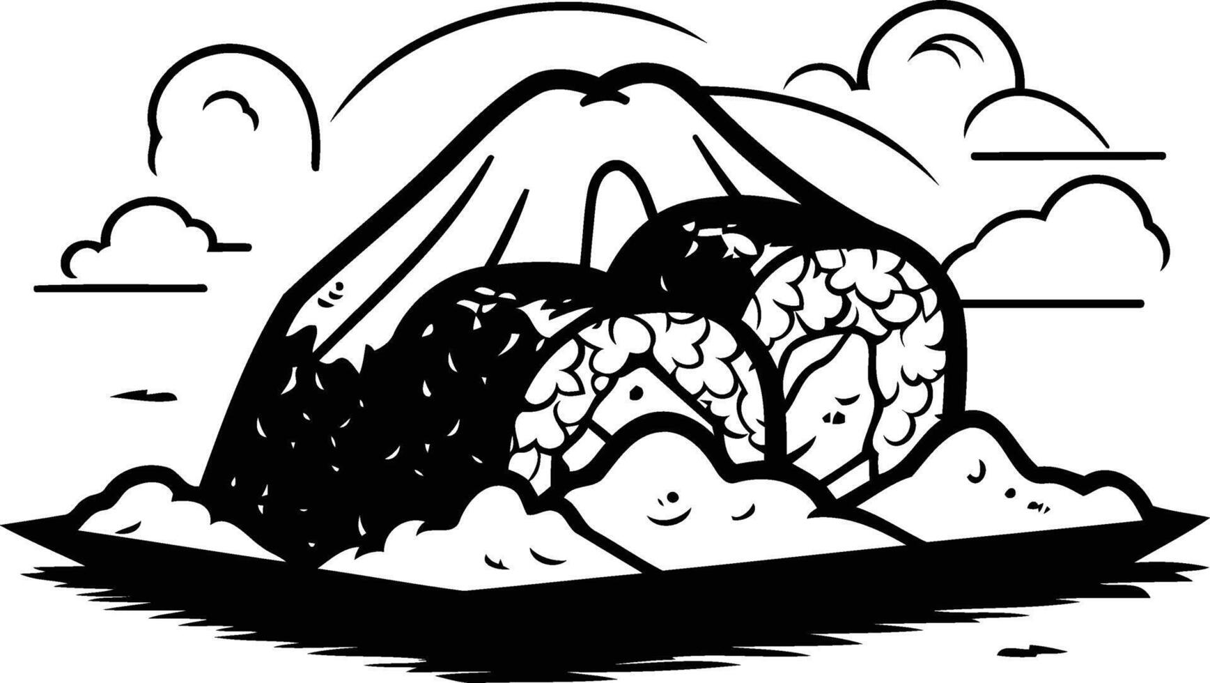 A fun, black and white illustration of sushi rolls shaped like a mountain vector