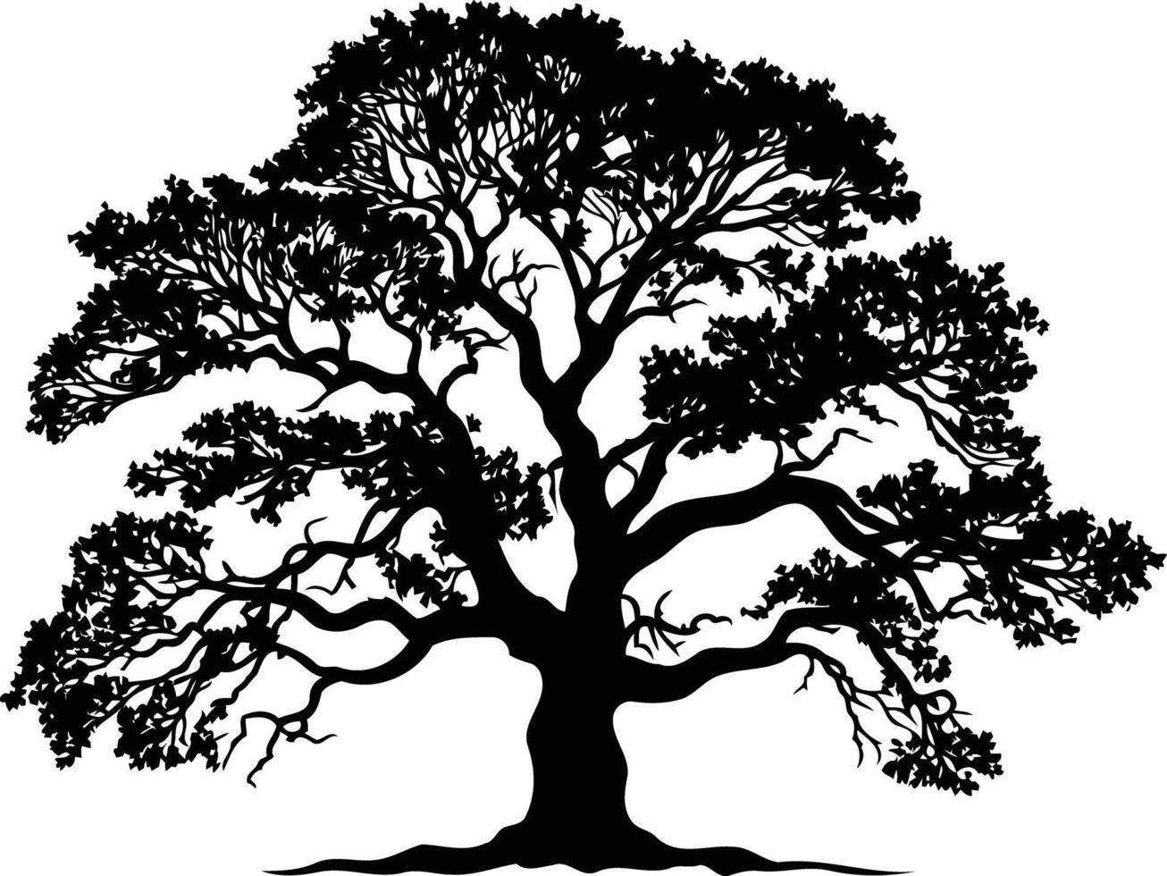A striking black and white silhouette of a majestic oak tree, perfect for nature, landscape, and environmental designs vector