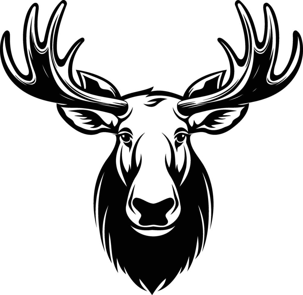 A striking black and white illustration of a majestic moose head, featuring detailed antlers and a powerful, forward facing gaze vector
